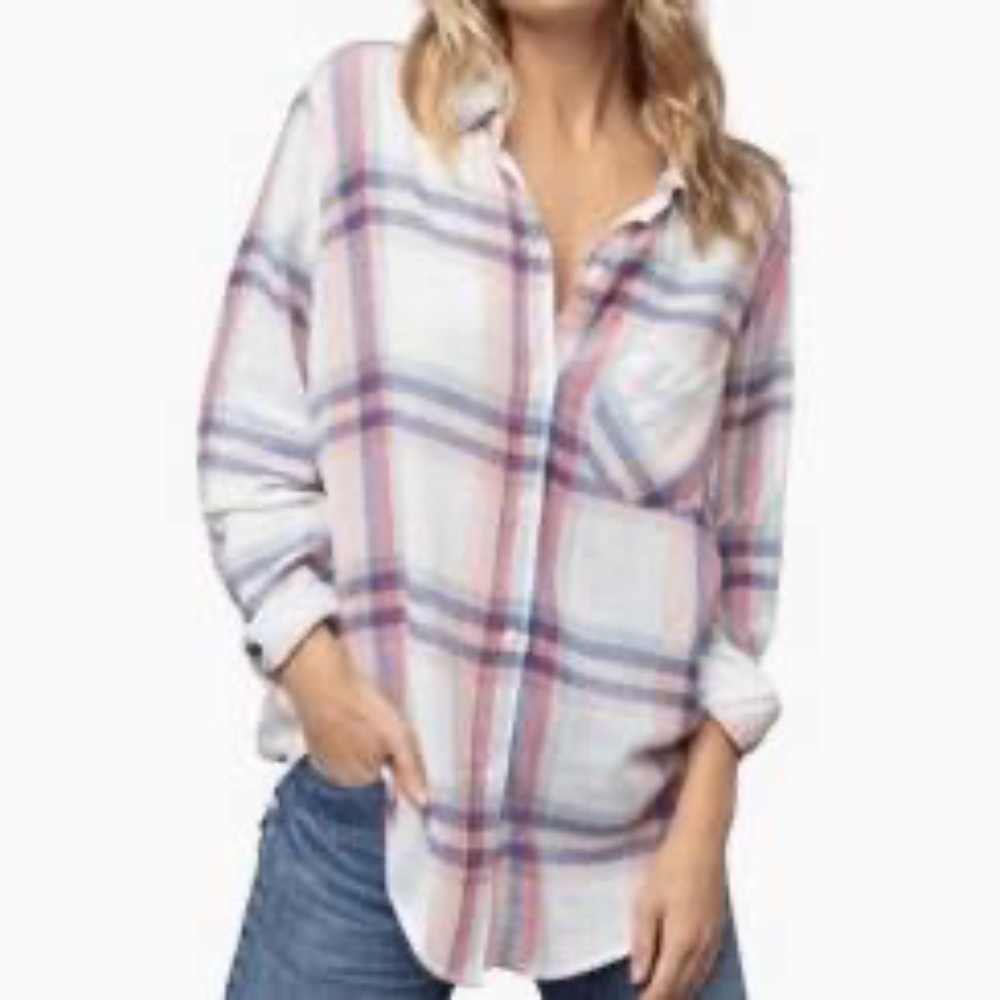 Rails Charli White/Melon/Sage Plaid Rayon Blend Shirt Sz XL‎